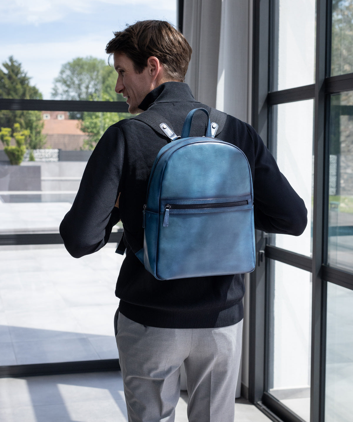 Sac à Dos en Cuir Patiné Bleu
